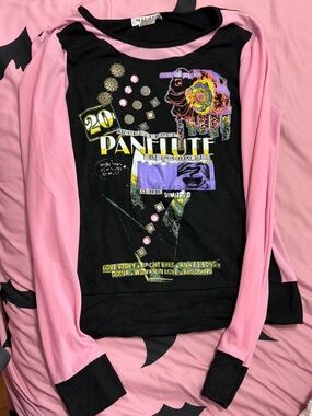 Pink & Black Beaded Graphic Vintage Top With Mesh Long Sleeves